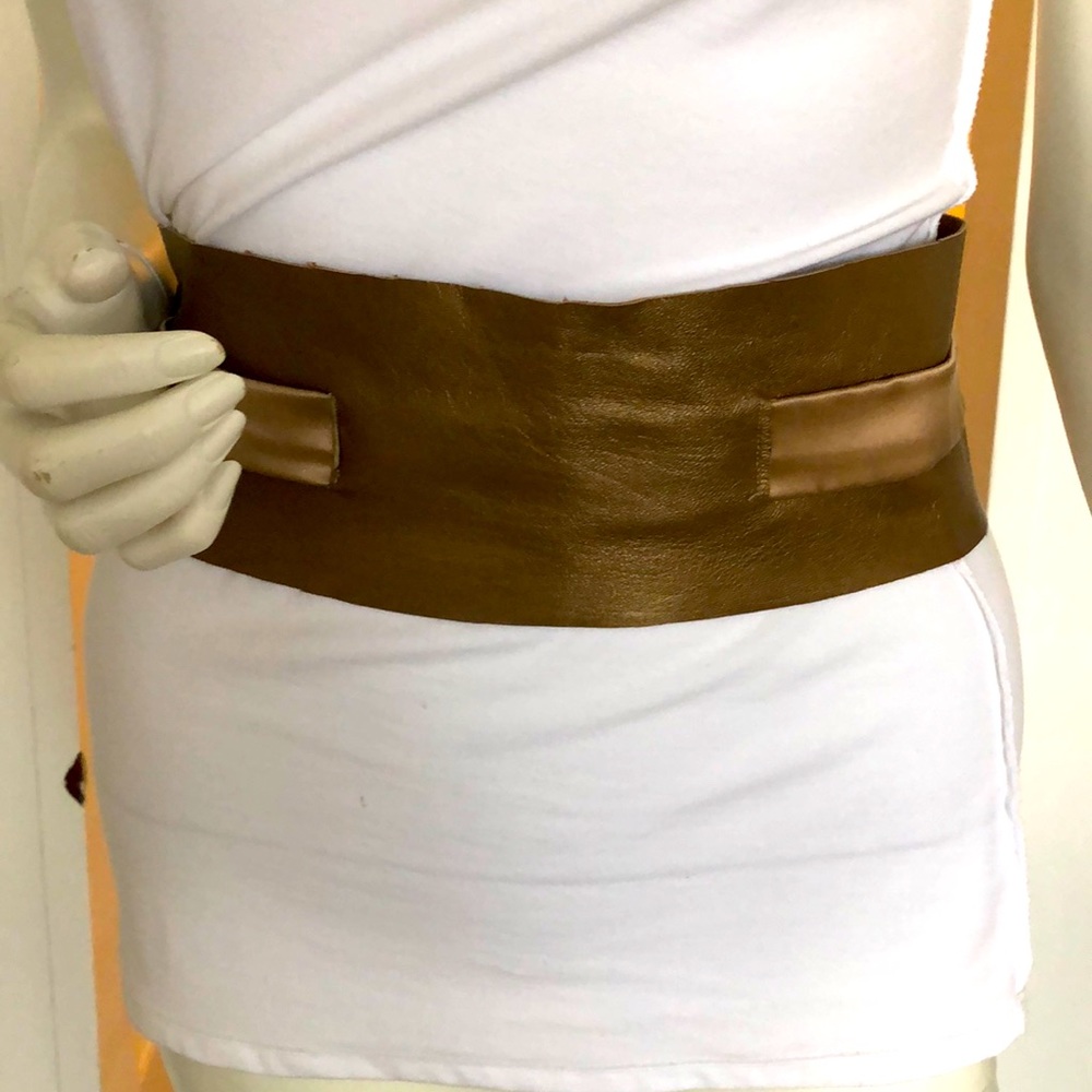 Seasatin handmade bronze leather sash belt with silk ties